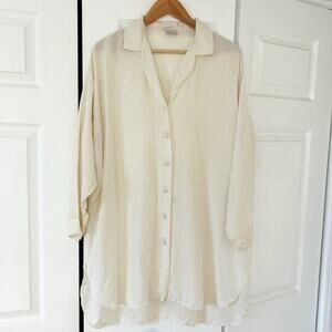 Beverly Ivory Polka Dot 100% Silk Satin Button Front Blouse EUC Size 44/46 XL